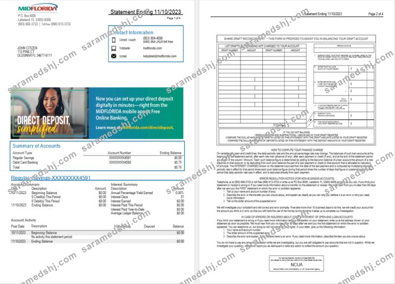 USA MidFlorida bank statement Word and PDF template, 3 pages  1-2